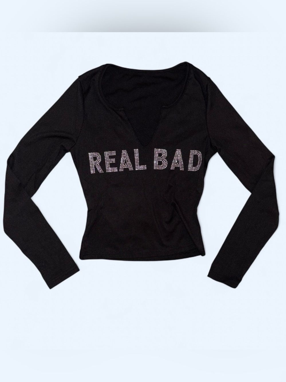 “Real Bad” NWOT Rhinestone Long Sleeve Ribbed Top - Size Small - Picture 5 of 7